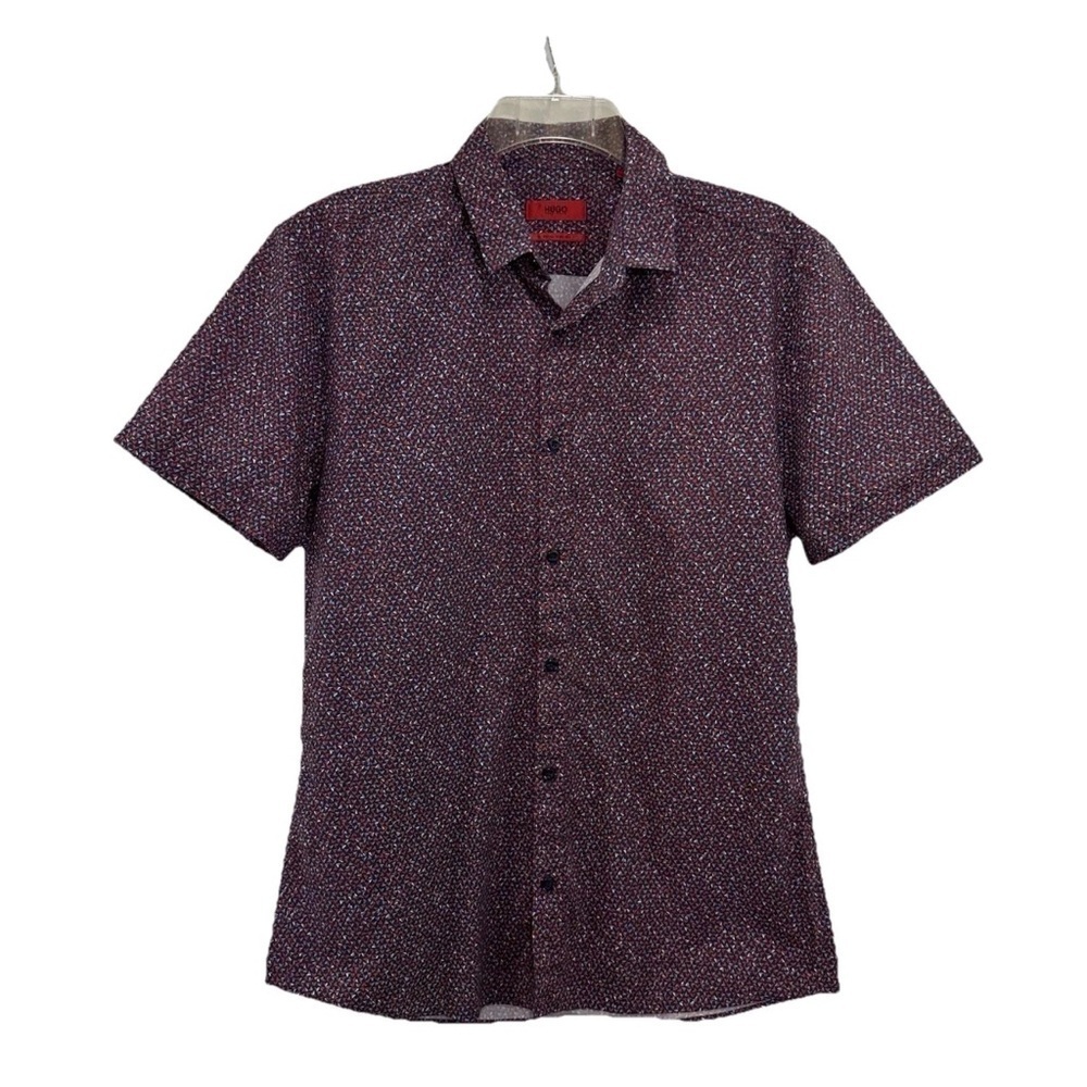Hugo Boss Red Button Shirt Mens Small Extra Slim Fit Short Sleeve Cotton